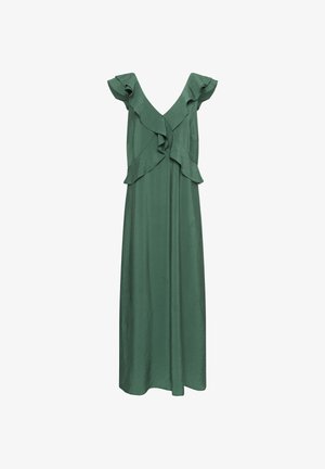 Grünes ärmelloses Maxikleid mit tiefem V-Ausschnitt und Rüschendetails entlang des Ausschnitts und der Schultern.