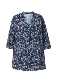 Marine bloemen tuniek met korte mouwen, voorzien van een V-hals, en een levendig patroon van lichtblauwe en roze bloemen op een donkere achtergrond.