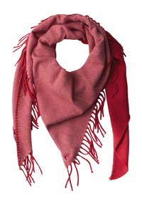 Sciarpa intrecciata rossa e rosa di forma triangolare con bordi frangiati, caratterizzata da una sfumatura che va da un colore chiaro a uno scuro. Texture morbida.