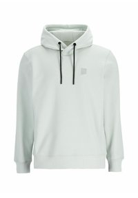 Sudadera gris claro con un bolsillo frontal, cordones y un pequeño logo en el pecho. Fabricada con una tela suave de textura lisa.