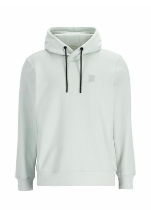 Lichtgrijze hoodie met een voorzak, trekkoorden en een klein logo op de borst. Gemaakt van zachte stof met een gladde textuur.