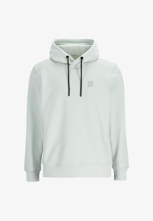 Lys grå hættetrøje med en frontlomme, snore og et lille logo på brystet. Lavet af blødt stof med en glat tekstur.