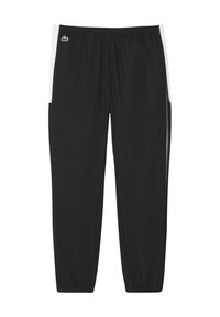 Zwarte sportbroek met elastische tailleband, witte zijstrepen en Lacoste-logo. Gemaakt van een soepele, lichte stof.