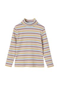Ribbed turtleneck top featuring horizontal stripes in shades of blue, yellow, brown, and cream. Long sleeves with a fitted design.