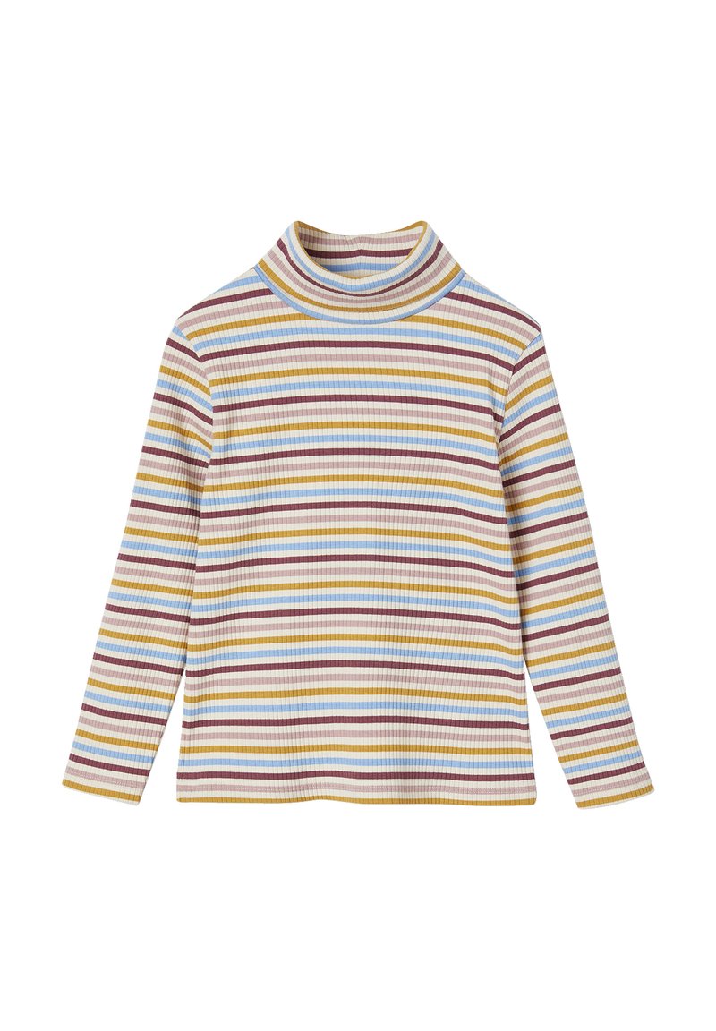 Ribbed turtleneck top featuring horizontal stripes in shades of blue, yellow, brown, and cream. Long sleeves with a fitted design.
