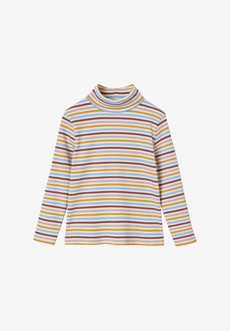 Ribbed turtleneck top featuring horizontal stripes in shades of blue, yellow, brown, and cream. Long sleeves with a fitted design.