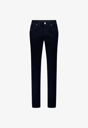 Dunkelblaue Cordhosen mit schmaler Passform, Fünf-Taschen-Design, Metallknopfverschluss und weichem, strukturiertem Stoff.