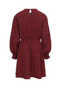 Rode en zwarte bloemenjurk met lange pofmouwen, elastische taille, sleutelgatrug en een zachte stof met een herhalend klein bloemenpatroon.