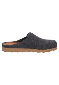 Grijze slip-on klomp met een natuurlijke kurken zool. Rond de teen, lage achterkant en een gestructureerd oppervlak voor extra grip.