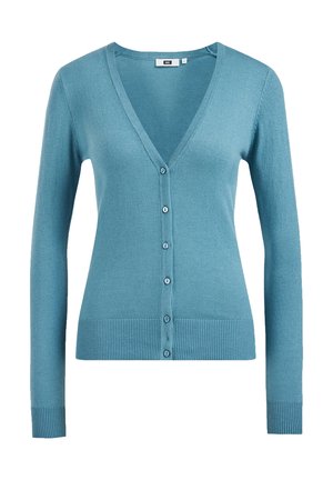 Lyseblå cardigan til kvinder med lange ærmer, V-hals og seks knapper foran, med ribstrikkede manchetter og kant.