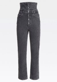 Jeans en denim noir taille haute avec de grands boutons, cinq poches et une coupe droite. Tissu texturé avec une finition légèrement délavée.