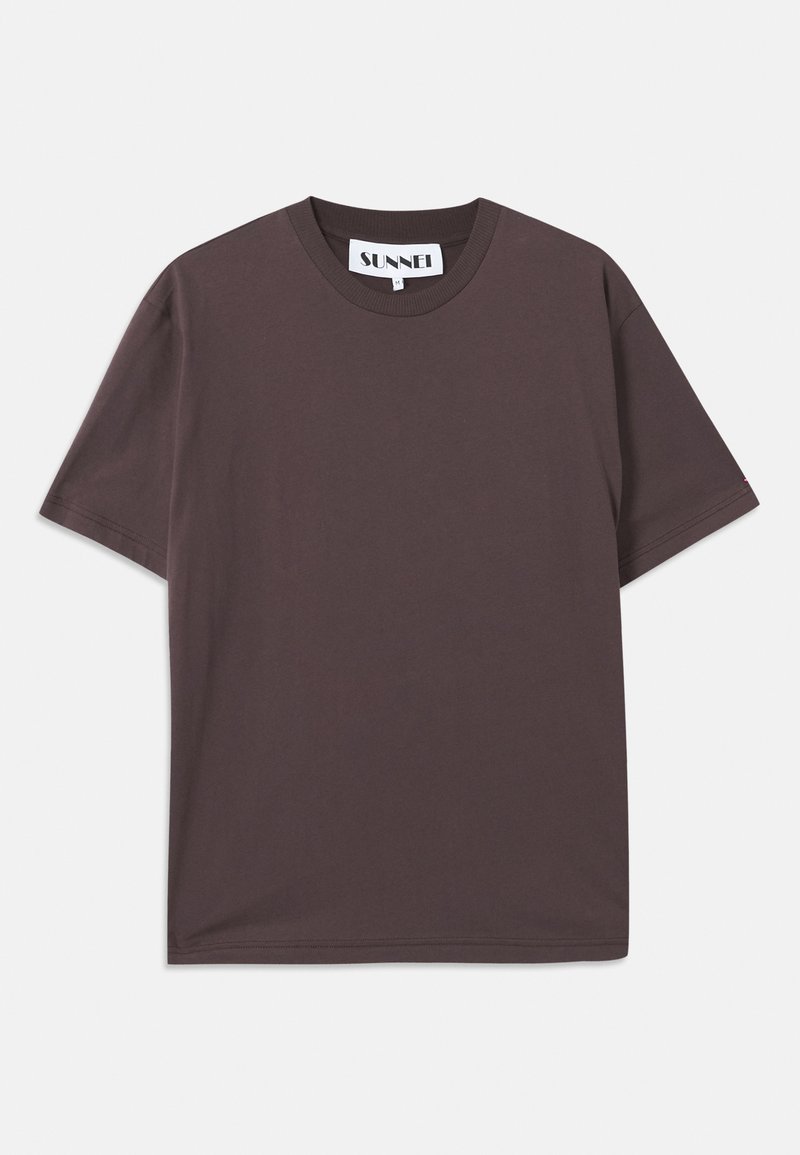 Donkerbruin T-shirt met korte mouwen van zachte katoen, met een klassieke ronde hals en een relaxte pasvorm, voorzien van subtiele stiksels.