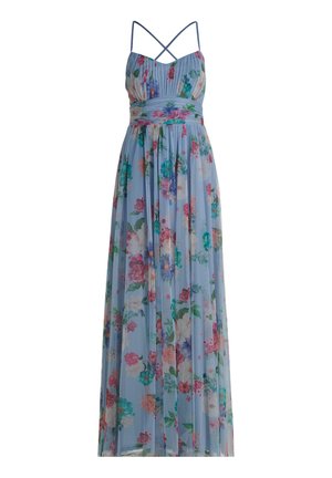 Robe longue fleurie en tissu bleu clair transparent. Elle comporte un corsage ajusté, des bretelles croisées et des motifs floraux colorés sur toute la surface.
