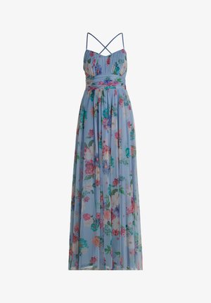 Florales Maxikleid aus leichtem, blauem Transparentstoff. Mit tailliertem Oberteil, überkreuzten Trägern und bunten Blumenmustern überall.