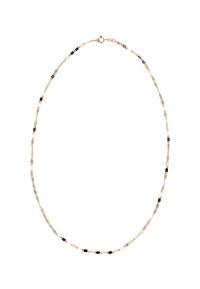 Náhrdelník v zlaté barvě s prodlouženými, texturovanými články a střídavými černými akcenty. Uzavírá se malým karabinkovým zapínáním.