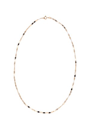 Náhrdelník v zlaté barvě s prodlouženými, texturovanými články a střídavými černými akcenty. Uzavírá se malým karabinkovým zapínáním.