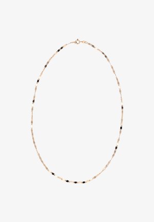 Naszyjnik w złotym odcieniu z wydłużonymi, fakturowanymi ogniwami z naprzemiennymi czarnymi akcentami. Zapięcie na mały zapięcie typu karabińczyk.