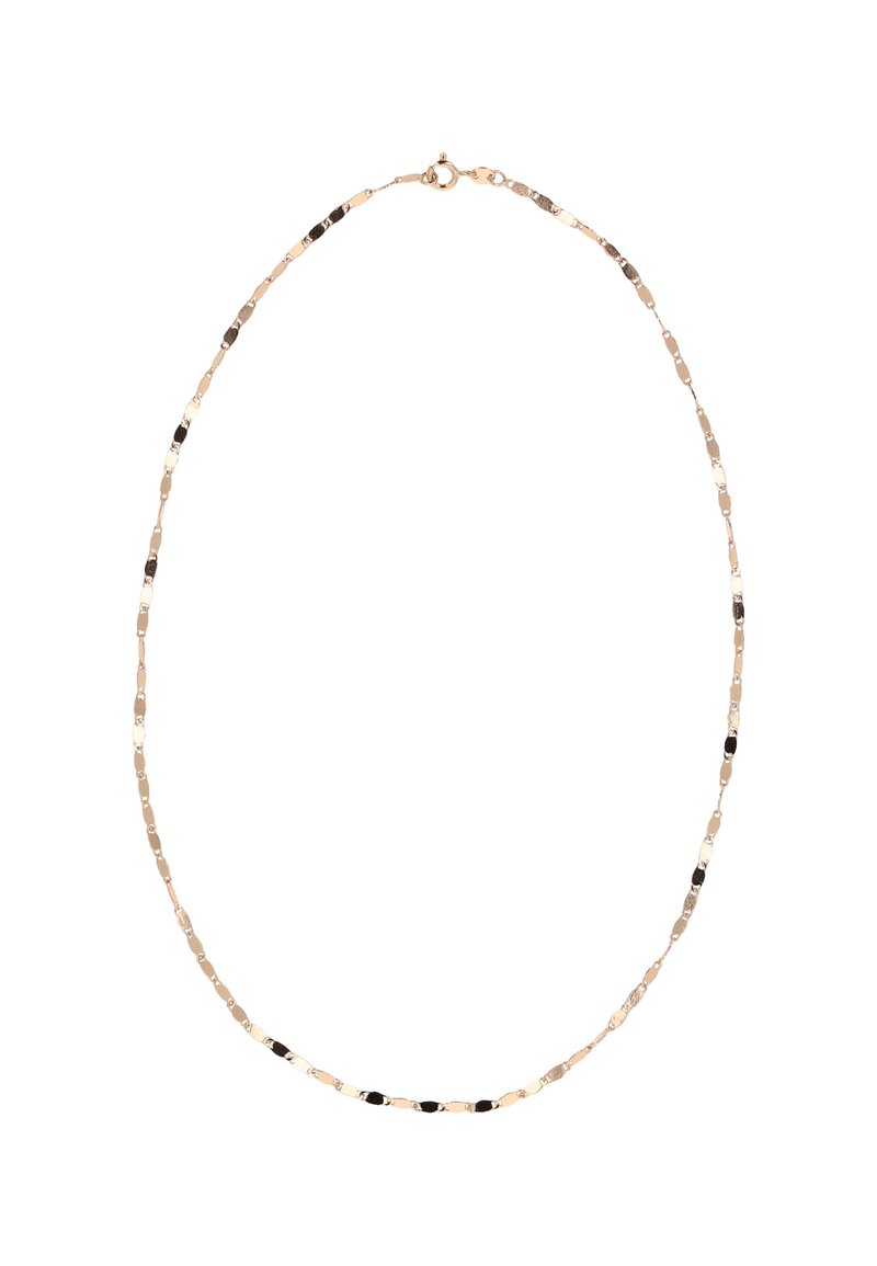 Náhrdelník v zlaté barvě s prodlouženými, texturovanými články a střídavými černými akcenty. Uzavírá se malým karabinkovým zapínáním.