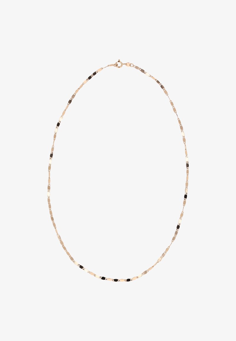 Aranyszínű nyaklánc, hosszúkás, texturált láncszemekkel, váltakozó fekete díszítésekkel. Kis homárkapoccsal rögzítve.