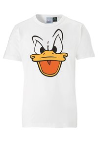 Camiseta blanca con una gran cara de pato de dibujos animados enojado, con cejas levantadas y un pico naranja abierto en la parte frontal.