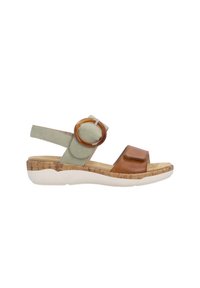 Cork-wrapped wedge sandals in green and tan leather, featuring a large round buckle and adjustable strap, with a cushioned footbed.