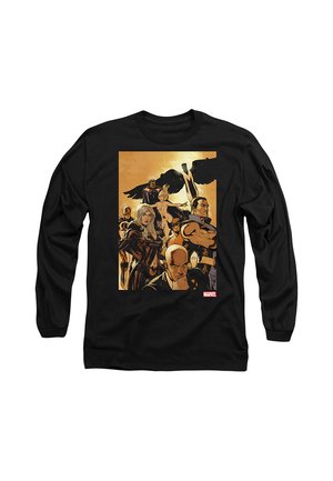 Schwarzes Langarmshirt mit einer Marvel-Comic-Stil Gruppe von Superhelden, die vor einem goldenen Hintergrund posieren.