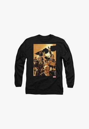 Schwarzes Langarmshirt mit einer Marvel-Comic-Stil Gruppe von Superhelden, die vor einem goldenen Hintergrund posieren.