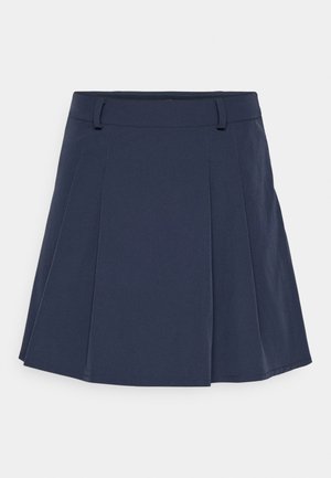 Gonna a pieghe blu navy con cintura, realizzata in tessuto liscio. Presenta pieghe nette, orlo dritto e dettagli di cucitura minimi.