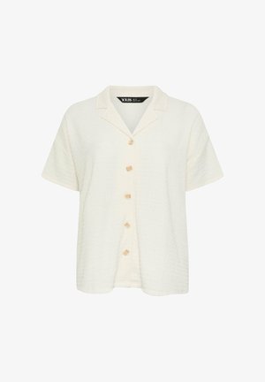 Korte mouwen, crème textuur overhemd met knopen, een campkraag en vijf beige knopen aan de voorkant.