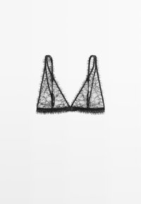 Black lace bralette with a triangular shape, featuring sheer fabric, frayed edges, and thin adjustable straps. No underwire included.