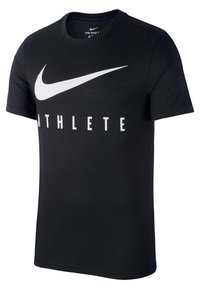 Svart bomull T-shirt med en stor vit Nike swoosh-logga och ordet "ATHLETE" i vita versaler över bröstet.
