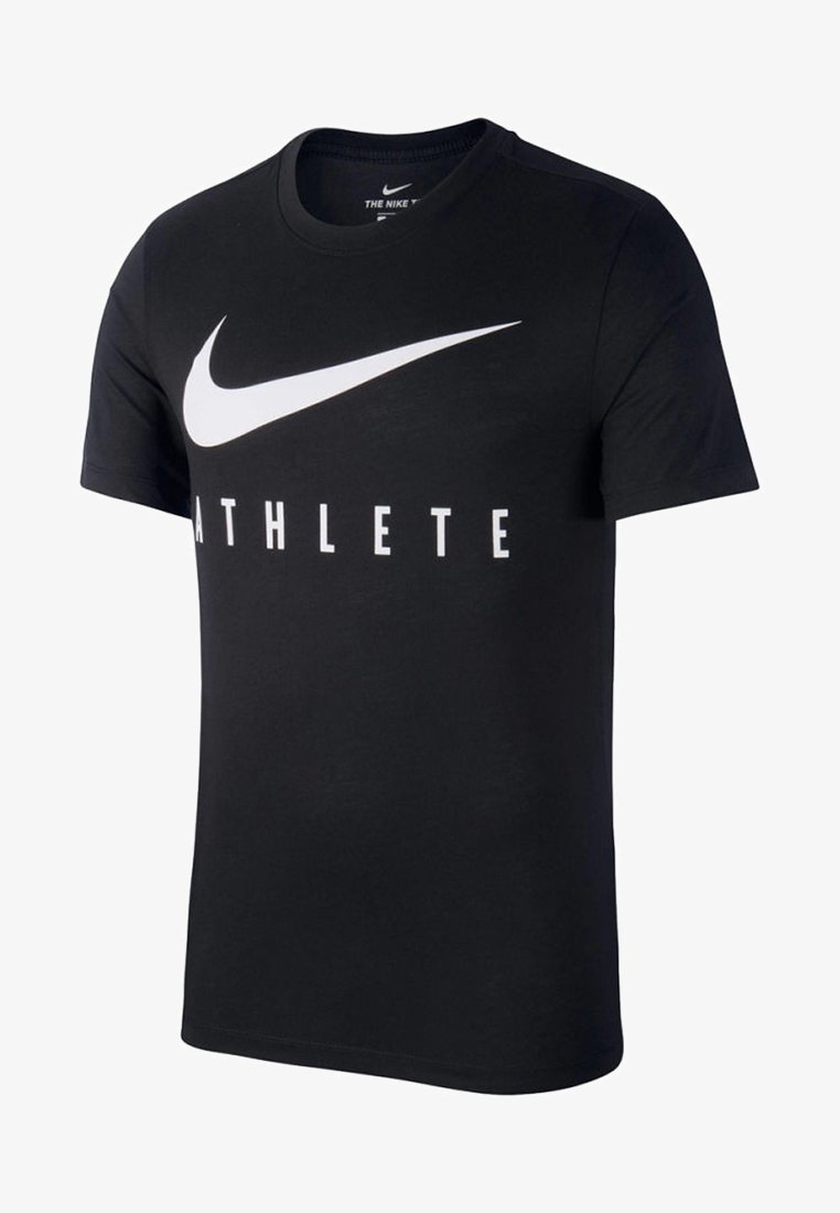 Černé bavlněné tričko s velkým bílým logem Nike swoosh a slovem "ATHLETE" v bílých blokových písmenech na hrudníku.