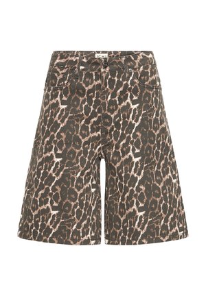 Highwaist loose-fit shorts met een bruine en zwarte luipaardprint, voorste knoopsluiting, rits en voor- en achterzakken.