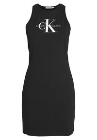 Czarna sukienka bez rękawów z bawełny, z okrągłym dekoltem i przednim białym nadrukiem logo z napisem "CALVIN KLEIN JEANS".