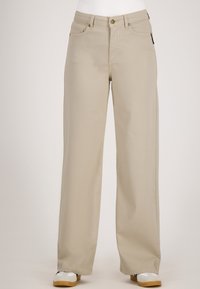 Beige wijde broek van een zachte katoenmix. Heeft een sluiting met een knoop aan de voorkant, twee zijzakken en rechte zoomranden. Geen opmerkelijke patronen.