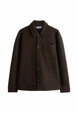 Dark brown textured jacket with a pointed collar, front buttons, long sleeves, and a chest pocket on a white background.