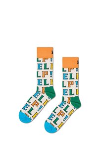 Chaussettes en coton avec une base blanche, ornées de texte coloré "HELP!" dans diverses polices. Cuff orange, talon vert et bouts de pied bleus.