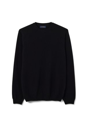 Zwarte gebreide trui met een ronde hals, lange mouwen en geribbelde boorden en zoom. Gemaakt van een zachte, gestructureerde stof. Eenvoudig ontwerp.