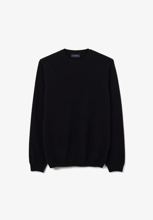 Zwarte gebreide trui met een ronde hals, lange mouwen en geribbelde boorden en zoom. Gemaakt van een zachte, gestructureerde stof. Eenvoudig ontwerp.