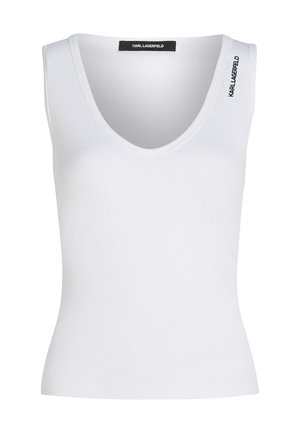 White sleeveless tank top with a ribbed texture, featuring a deep V-neck and subtle "Karl Lagerfeld" logo on the shoulder.