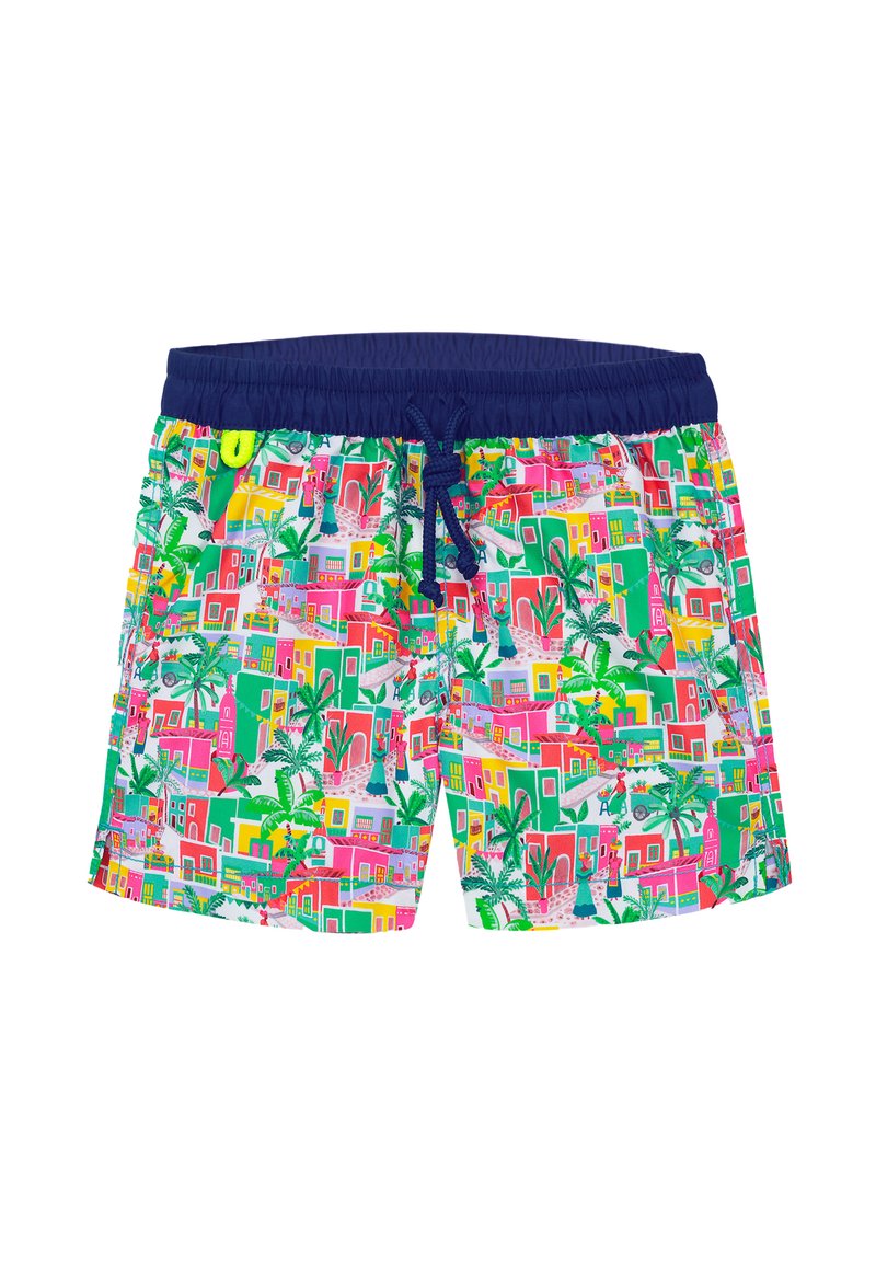 Shorts de bain colorés avec un motif tropical de maisons vibrantes, de palmiers et de rues sur fond blanc. Taille élastique marine.