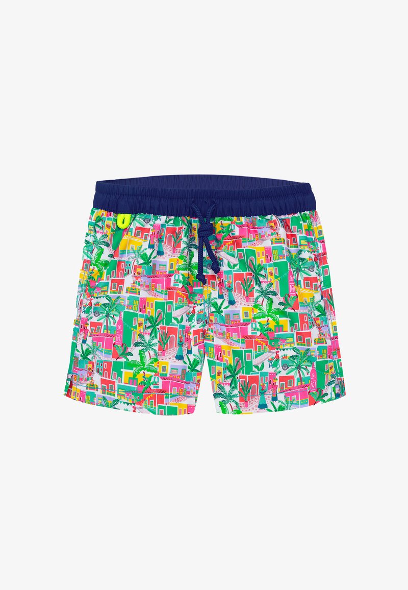 Shorts de bain colorés avec un motif tropical de maisons vibrantes, de palmiers et de rues sur fond blanc. Taille élastique marine.