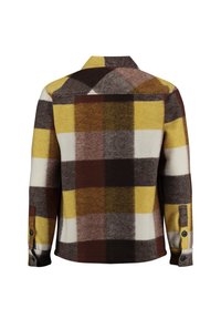 Camicia di flanella a quadri gialla, marrone e bianca, con colletto, polsini abbottonati e una finitura morbida e texturizzata.