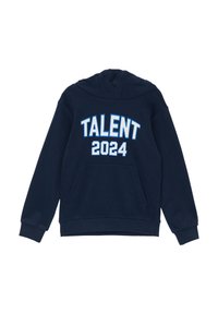 Marineblauwe hoodie met een voorkauwzak, voorzien van witte tekst "TALENT" en "2024". Gemaakt van zachte, gestructureerde stof met een capuchon met trekkoord.