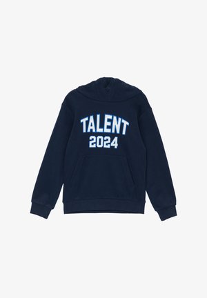 Granatowa bluza z kapturem z przednią kieszenią, z białym tekstem "TALENT" i "2024". Wykonana z miękkiej, teksturowanej tkaniny z regulowanym kapturem.
