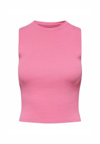 Top aderente senza maniche in tessuto a coste, di un vivace colore rosa brillante, con scollo alto e orlo corto.