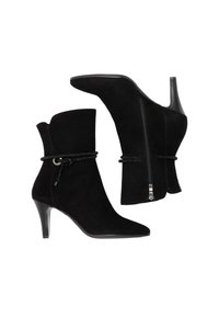 Schwarze Wildleder-Ankle Boots mit spitzen Zehen, Stiletto-Absätzen, seitlichem Reißverschluss und dekorativem schwarzen Seil-Detail um den Knöchel.