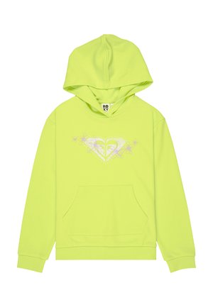 Heldere geelgroene hoodie met voorzak en een bloemenhartlogo in het midden van de borst.
