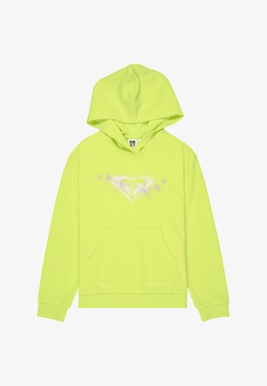 Jasnozielona bluza z kapturem z przednią kieszenią i kwiatowym logo w kształcie serca na środku klatki piersiowej.