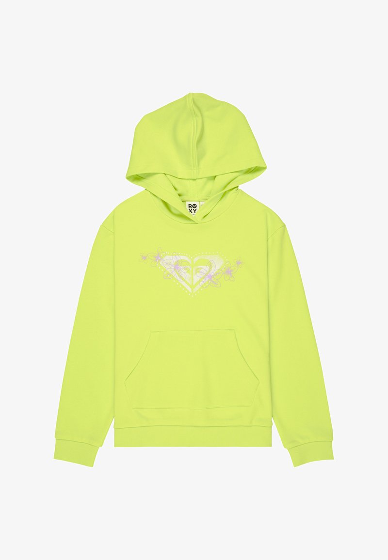 Sweat à capuche jaune-vert vif avec poche avant et logo cœur floral centré sur la poitrine.